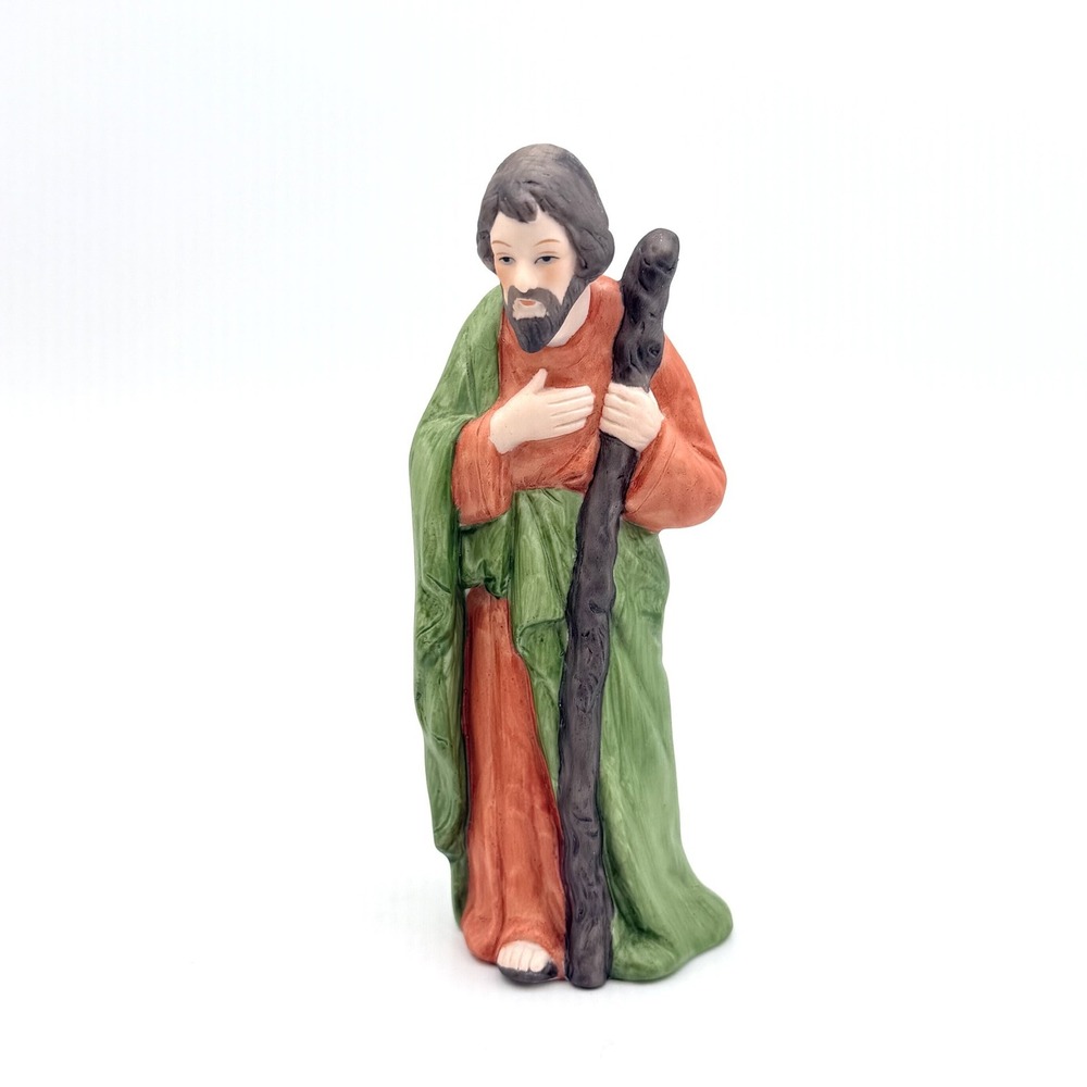 Malco Saint Joseph Nativity Figurine Porcelain Ceramic Standing with Staff Green